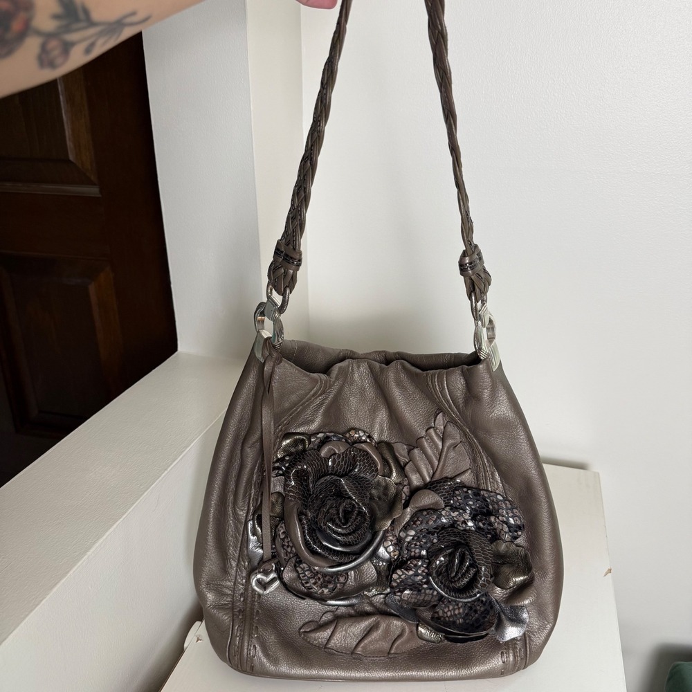 Brighton Rhapsody Masterpiece 3D Floral Leather Shoulder Bag Pewter Purse